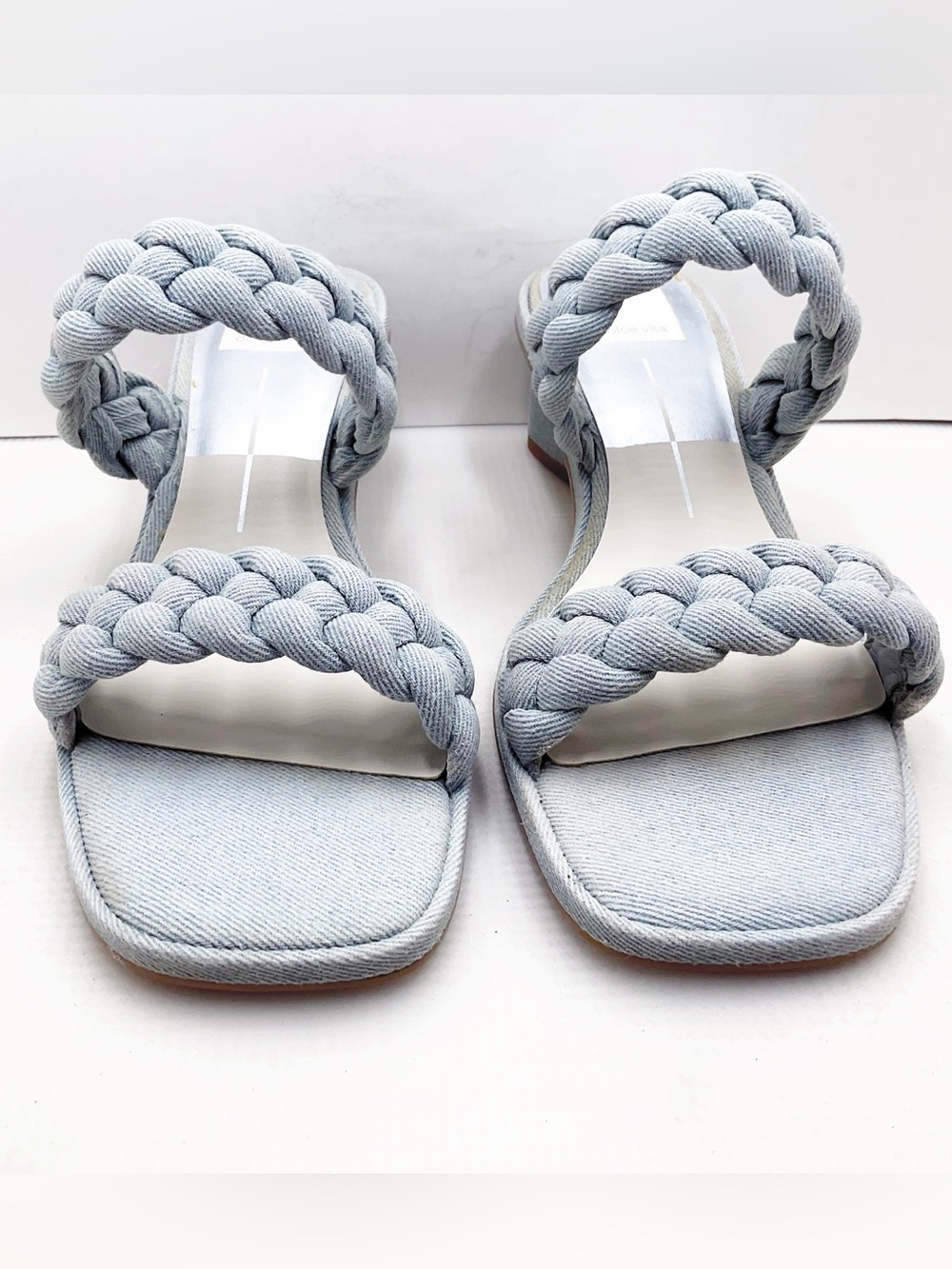 {Dolce Vita} Indy Light Blue Denim Slip On Open Square Toe Woven Straps Sandals - Picture 8 of 14